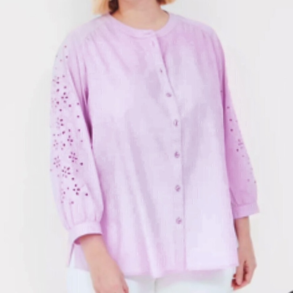 Lane Bryant Eyelet Lace Long Sleeve Purple Cotton Blouse‎ Womens Size 26/28 NEW